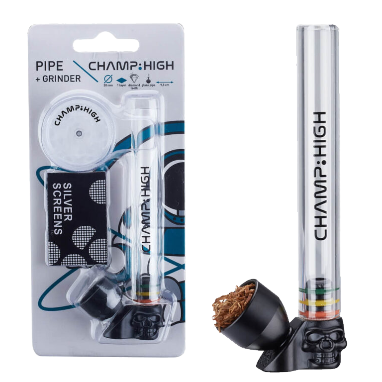 Glas| 9,5 cm Kranie Bong med grinder | Sort